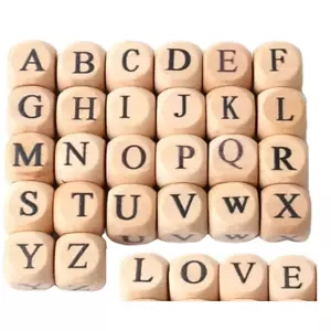 50 Alphabet Wooden Beads Wood Mixed Letter Cube Craft Cord Jewellery Bracelet - Picture 1 of 4