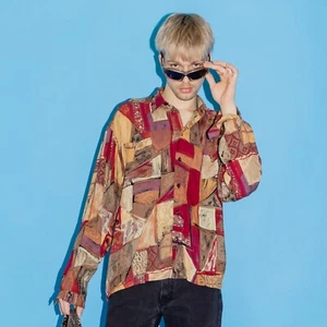 90's Vintage vacay geometric print button down longsleeve shirt in warm tones - Picture 1 of 6