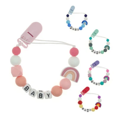 Personalised Name Baby Dummy Clips Pacifier Chain Clip Rainbow Silicone Letter