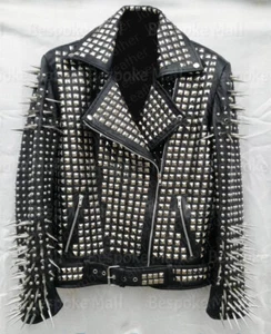 Giacca pelle uomo punk nero argento lunga a punta borchie Brando biker nuova-796 - Foto 1 di 4