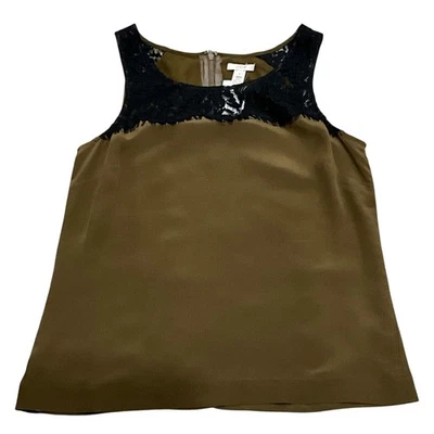 Blusa sin mangas J Crew para mujer verde oliva de seda negra con ribete de encaje Foto 1 de 4