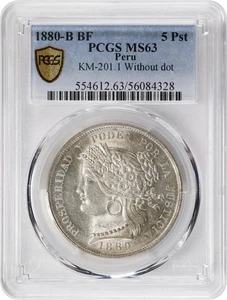 1880 Peru 5 Peseten ohne Punkt PCGS MS63 - sehr selten und wunderschön! - Bild 1 von 4