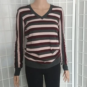 Maglione donna Worthington a righe scollo V manica lunga taglia M rosa bordeaux grigio - Foto 1 di 9