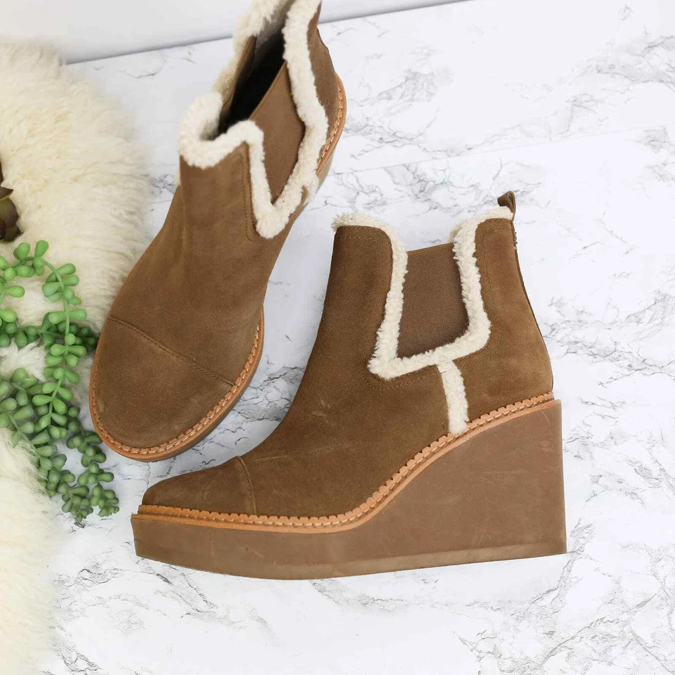 Bota plataforma Sam Edelman Reagan couro camurça marrom falso shearling cunha 10 feminina - Imagem 1 de 4