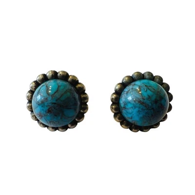 Vintage Turquoise Stone Beaded Stud Earrings Silver Tone Women - Image 1 of 3