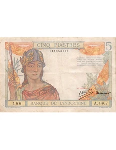 Indo-Chine Fr. 5 Piastres Femme Casquée - 1932-39 - Série A.4467 - Imagen 1 de 2