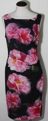 Karl Lagerfeld Dress Black w Large Pink Flowers Side Ruching sz 12 Gorgeous - Image 1 of 4