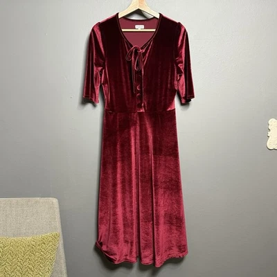 Vestido de fiesta de terciopelo granate para mujer talla L acampanado midi botones y lazo usado en excelente estado fiesta Foto 1 de 4