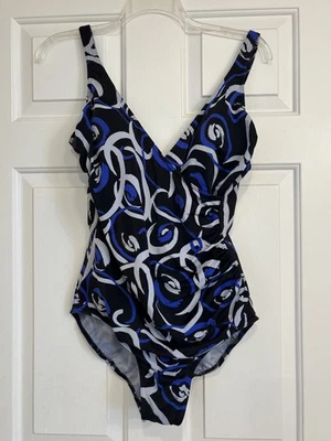 Купальник цельный женский Miraclesuit размер 16 синий принт контроль живота широкий ремень - Изображение 1 из 4