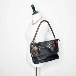 BRIGHTON BLACK BROWN CROC EMBOSSED Shoulder bag leather equestrian D365369 - Picture 1 of 7