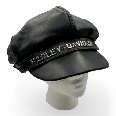 Boné de motocicleta vintage década de 1970 Harley Davidson couro preto XL capitão chapéu motociclista EUA - Imagem 1 de 4