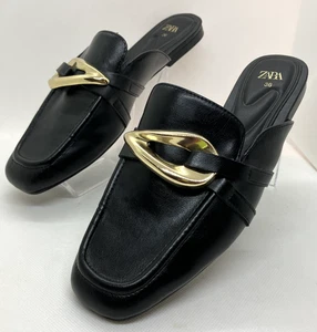 Zara Pantolette Halbschuhe Schwarz Gold Schnalle Slipper Flats Workwear Gr. EU 36 - US 6 - Bild 1 von 10