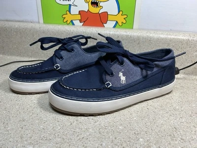 Ralph Lauren Colten Sarga Barco Zapatos Azul Marino Jóvenes Niños Talla 4 Usados en Excelente Condición Foto 1 de 4