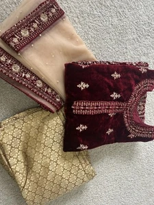 Deep Red Velvet Suit with Pants and Dupatta - Picture 1 of 3
