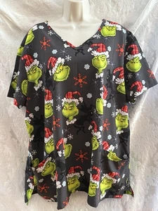 DR. SEUSS Women’s GRINCH V-Neck CHRISTMAS Scrub Top~Size 3XL~S/S Gray STRETCH - Picture 1 of 4