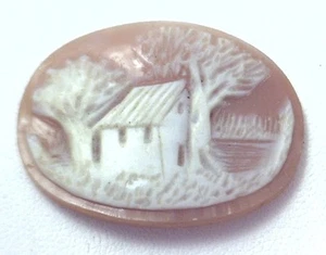 NOS Antique Hand Carved Oval Shell CAMEO Stone House & Tree Scene #N434 - Bild 1 von 2