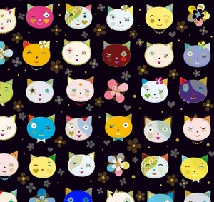 Tela Feline Drive KITTY CATS Cabezas de Gato Flores Negro - Cuarto Graso (18x22") FQ - Imagen 1 de 8
