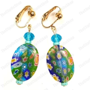 CLIP ON turquoise blue MILLEFIORI GLASS DROP EARRINGS gold tone clips MULTI bead - Picture 1 of 3