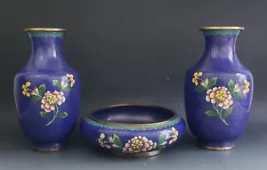3 Piece Set of Fine Antique Chinese Cloisonne Vases & Bowl - Picture 1 of 23