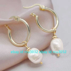 9-10mm Natural White Baroque Freshwater Pearl Dangle Leverback Earrings - Picture 1 of 12