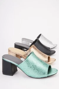 Sandalia Mulas Damas Brillante METAL MEDIO BLOQUE en Negro, Verde Como Nuevo, Plata, Oro - Imagen 1 de 7