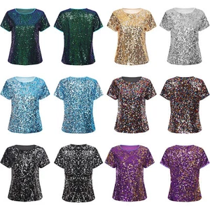 Womens Sequins Music Festival Top Sparkly T-Shirt Party Tank Top Shiny Blouses - Picture 1 of 96