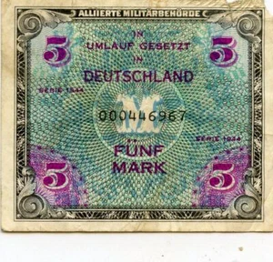 Allied Military Currency WWII Germany 5 Mark 1944 Issue  F - Picture 1 of 2