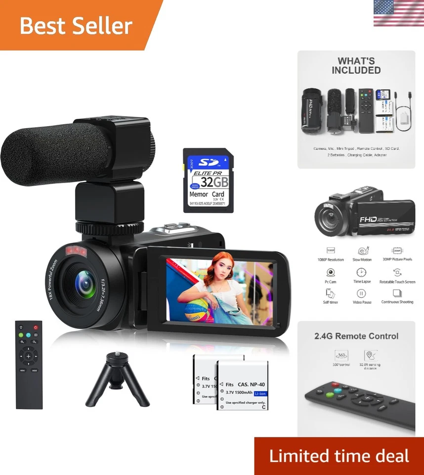 All-in-One 1080P Vlogging Camera Kit with Night Vision, 32GB Card & Accessories - Image 1 of 4