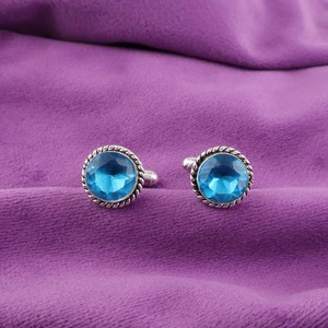 925 Silver Natural Swiss Blue Topaz Engagement Formal Dads Cufflinks Jewelry - Picture 1 of 6