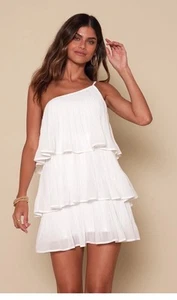 Lulus Blowing Kisses White Pleated One Shoulder Mini Dress Size Large NEW - Picture 1 of 6