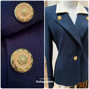 Vintage Casual Corner Damen-Strickblazer Größe 6 marineblau weiß gold Löwenknöpfe gebraucht, in einwandfreiem Zustand - Bild 1 von 21
