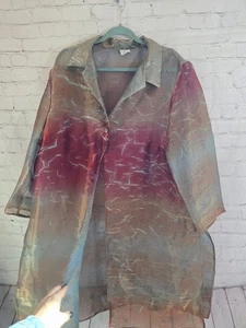 Vintage transparenter glänzender metallischer Organza Oversize Mantel Topper Gr. 20 Lagenlook Kunstlehrer - Bild 1 von 8