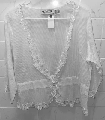 Blusa Top Camisa Vintage ORVIS Algodón Bordado Floral Para Mujer Grande L Blanca Foto 1 de 4