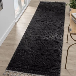 Läufer Bonvo schwarz 80x300 cm Fransen Teppich Brücke Hoch Tief Design Boho Look - Bild 1 von 9