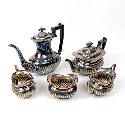 Juego de té de café acanalado Cheltenham Sheffield vintage de 5 piezas plateado Inglaterra Foto 1 de 4