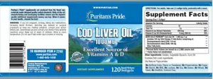 Puritan's Pride Cod Liver Oil 1000 mg - 120 Softgels - Picture 1 of 1