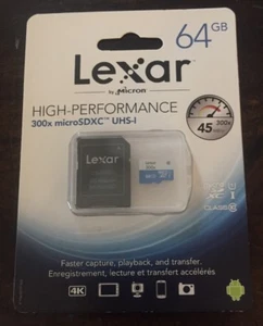 Lexar 64GB Micro SD SDXC MicroSD Class 10 64G 64 GB High-Performance 300x 45MB/s - Picture 1 of 1
