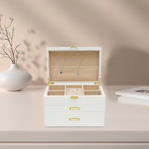 Large Wooden Jewelry Storage Box 3 Layers Organizer 2 Drawers Cabinet - Picture 1 of 18