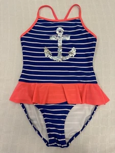 Cat & Jack Blue Stripe Skirted Flip Sequin Anchor One Piece Swimsuit L 10 12 - Picture 1 of 9