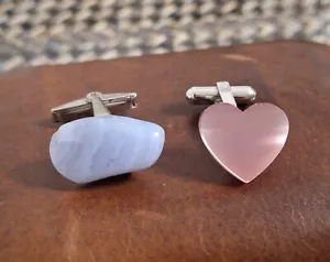 Vintage!🔥SILVER TONE LACE AGATE & PINK CAT'S EYE STONES SET Cufflinks~ - Picture 1 of 2