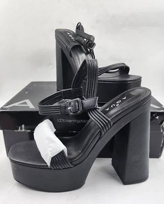 Sandalias de plataforma de tacón de bloque dulce AQUA AQ para mujer 8M negras con hebilla correa para el tobillo Foto 1 de 4