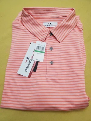 Мужская рубашка-поло для гольфа Grand Slam L новая с ценниками Fusion Coral в полоску белая  - Изображение 1 из 4