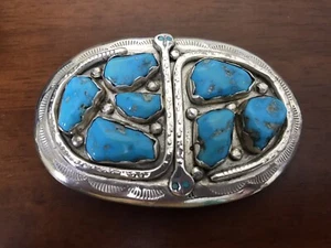 Effie Calavaza Vintage Zuni Sterling Silver Turquoise Snake Belt Buckle - Picture 1 of 3