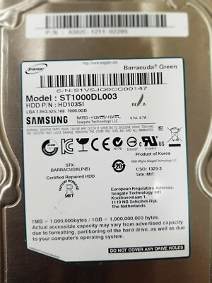 Samsung HD103SI, ST1000DL003, PN: A362C-1211-02295, 1TB 3.5" HDD - Image 1 of 2