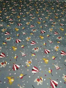 1m Grey Cotton Fabric "Circus Is In Town."Elephant, Circus tent" - Picture 1 of 2