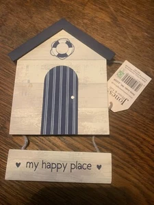 Beach Happy Place Coastal Blue Nautical Sign Wooden Beach Hut Hanging Plaque - Picture 1 of 3