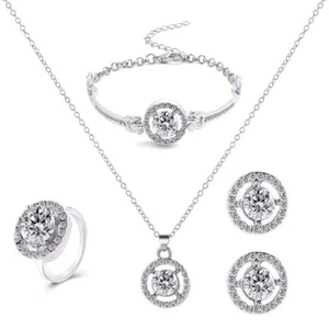 925 Versilbert Schimmernder Edelstein Halskette Ohrring Ring Armband Schmuck Set - Bild 1 von 5