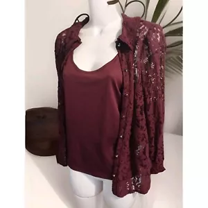 CAMISA/BLUSA CABLE & GAUGE CIRUELA PÚRPURA ENCAJE FLORAL CONJUNTO 2 PIEZAS MUJER TALLA S - Imagen 1 de 6