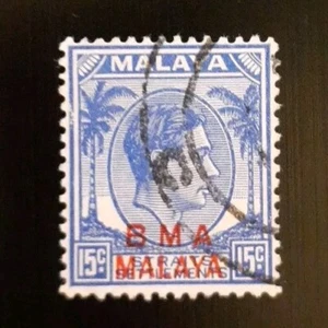 1948 Singapore / Malaya SG #8 BMA Overprint 15c Stamp King George VI USED - Picture 1 of 2
