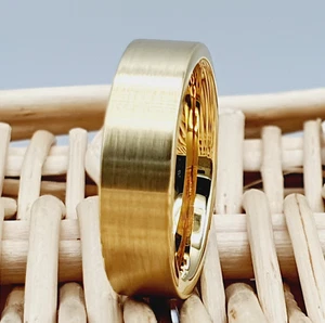 Brushed Flat Band Yellow Gold Wedding Ring for Men Or Ladies Gold Couple Rings - Picture 1 of 7